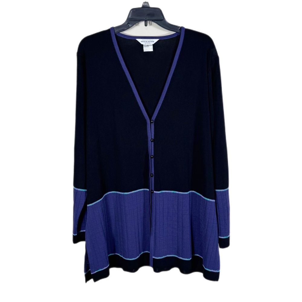 Exclusively Misook Vintage Striped Button Front Knit Cardigan 1X Purple Black